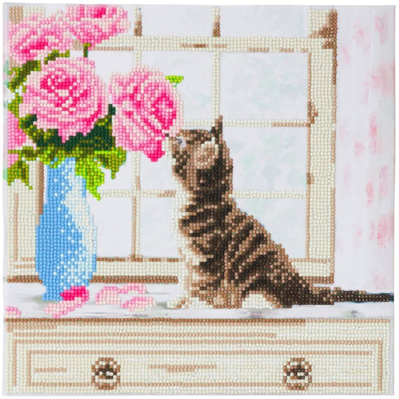 Kit tableau à diamanter Crytal Art 30x30cm - Chat et fleurs