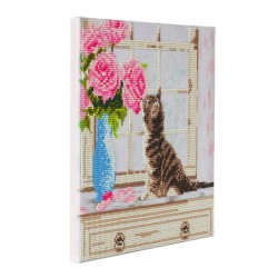 Kit tableau à diamanter Crytal Art 30x30cm - Chat et fleurs