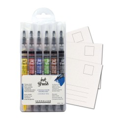 Sets de 6 pinceaux à encre aquarellable Ink Brush + 10 cartes postales 10x15 cm