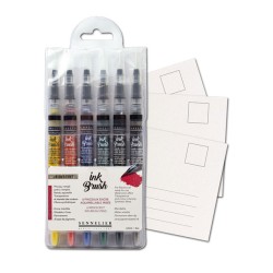 Sets de 6 pinceaux à encre aquarellable Ink Brush + 10 cartes postales 10x15 cm