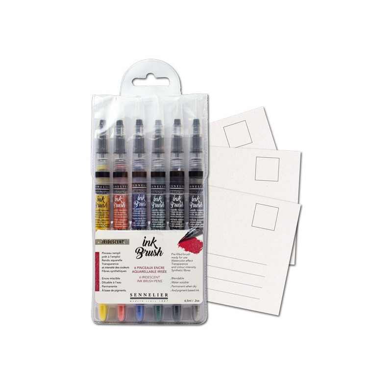 Sets de 6 pinceaux à encre aquarellable Ink Brush + 10 cartes postales 10x15 cm