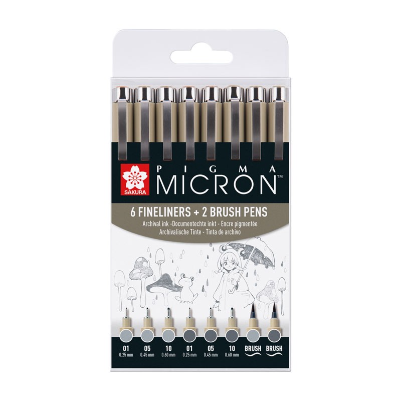 Set Gris froid de 6 fineliner + 2 Brush Pigma Micron Sakura