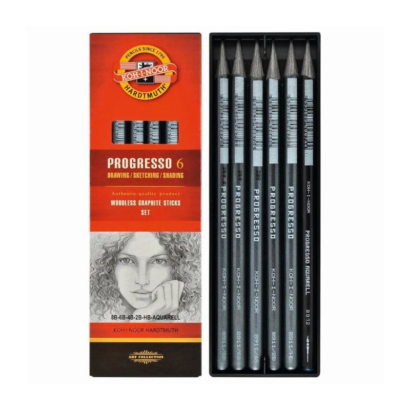 Set de 6 crayons graphite sans bois Progresso Koh-I-Noor