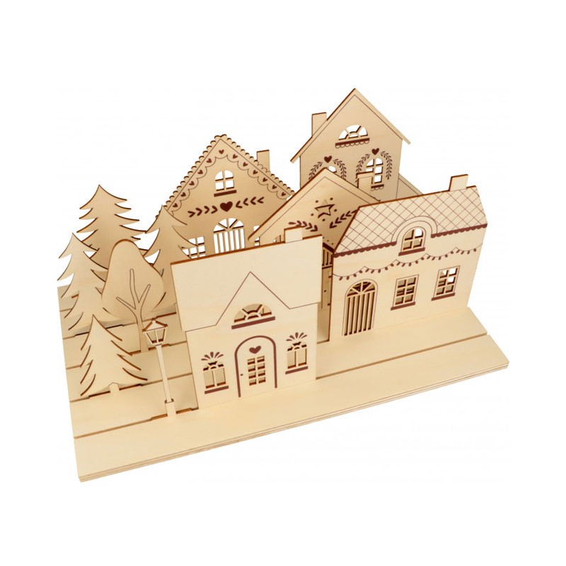 Paysage en bois avec silhouettes Maisons de Noel - 33,5x20,5x0,8cm