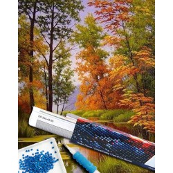 Broderie diamant 40x50cm sur toile roulée - Lac en Automne